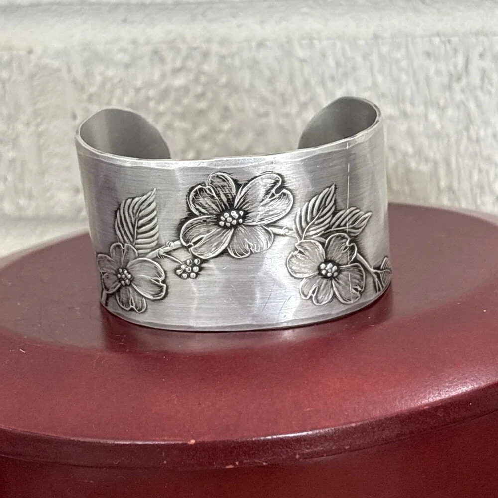 Pewter Bracelet by Wendell August Forge Hand Wrought Vintage Flowers Cuff 7-7.5